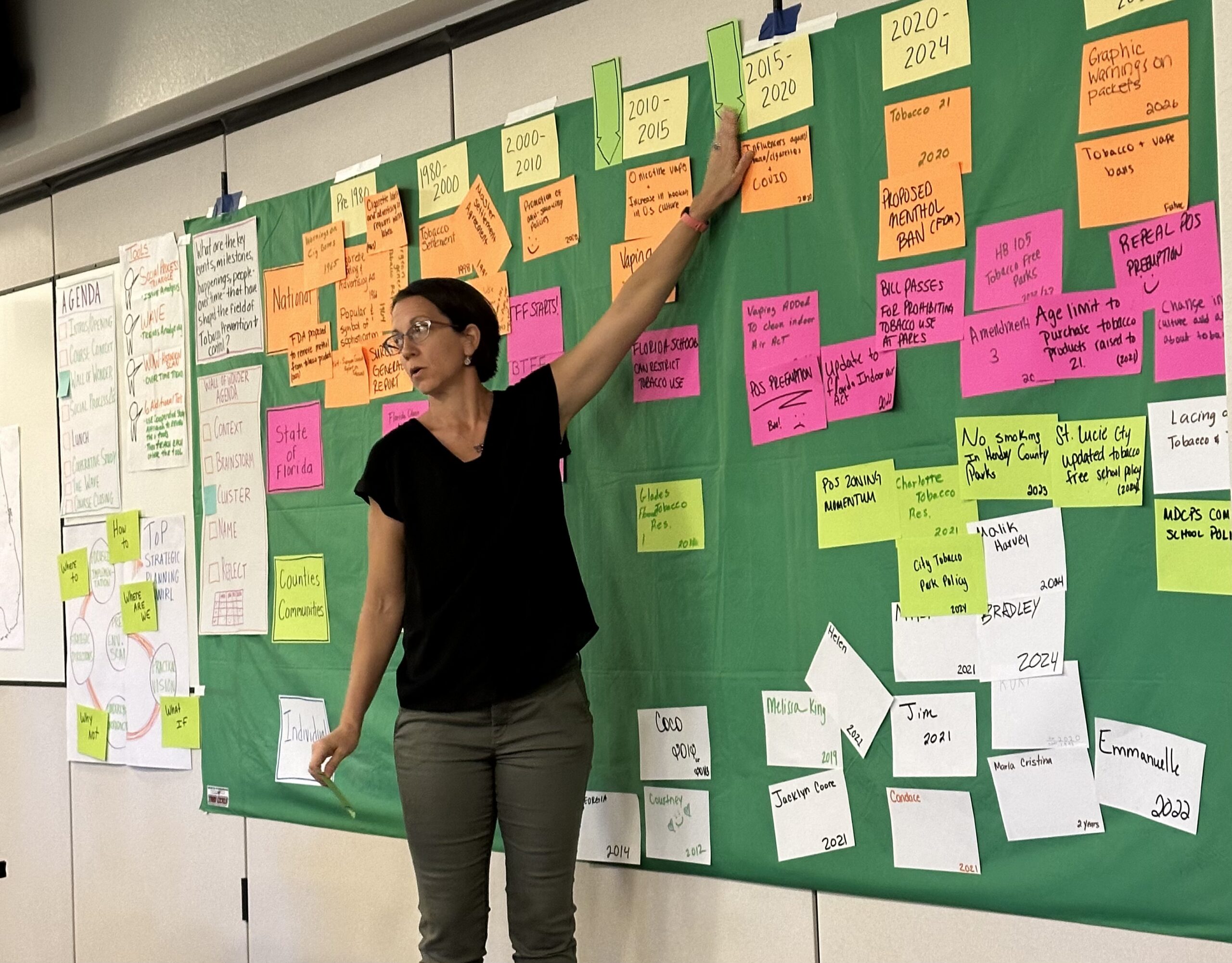 Jess facilitating at a Technology of Participation sticky-note wall